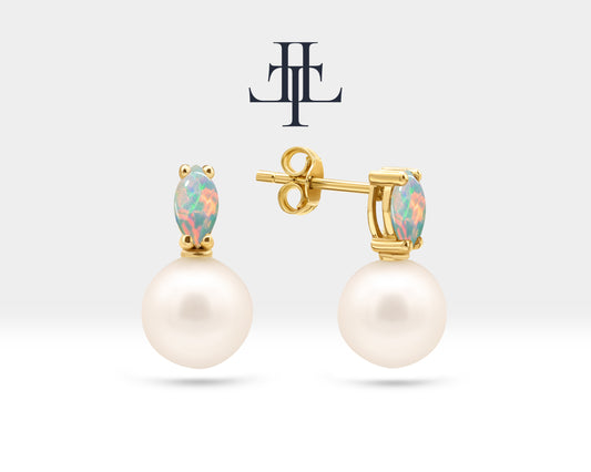 Pearl Earrings with Marquise Cut Opal Earring in 14K Solid Gold Stud Earrings for Women Wedding Jewelry