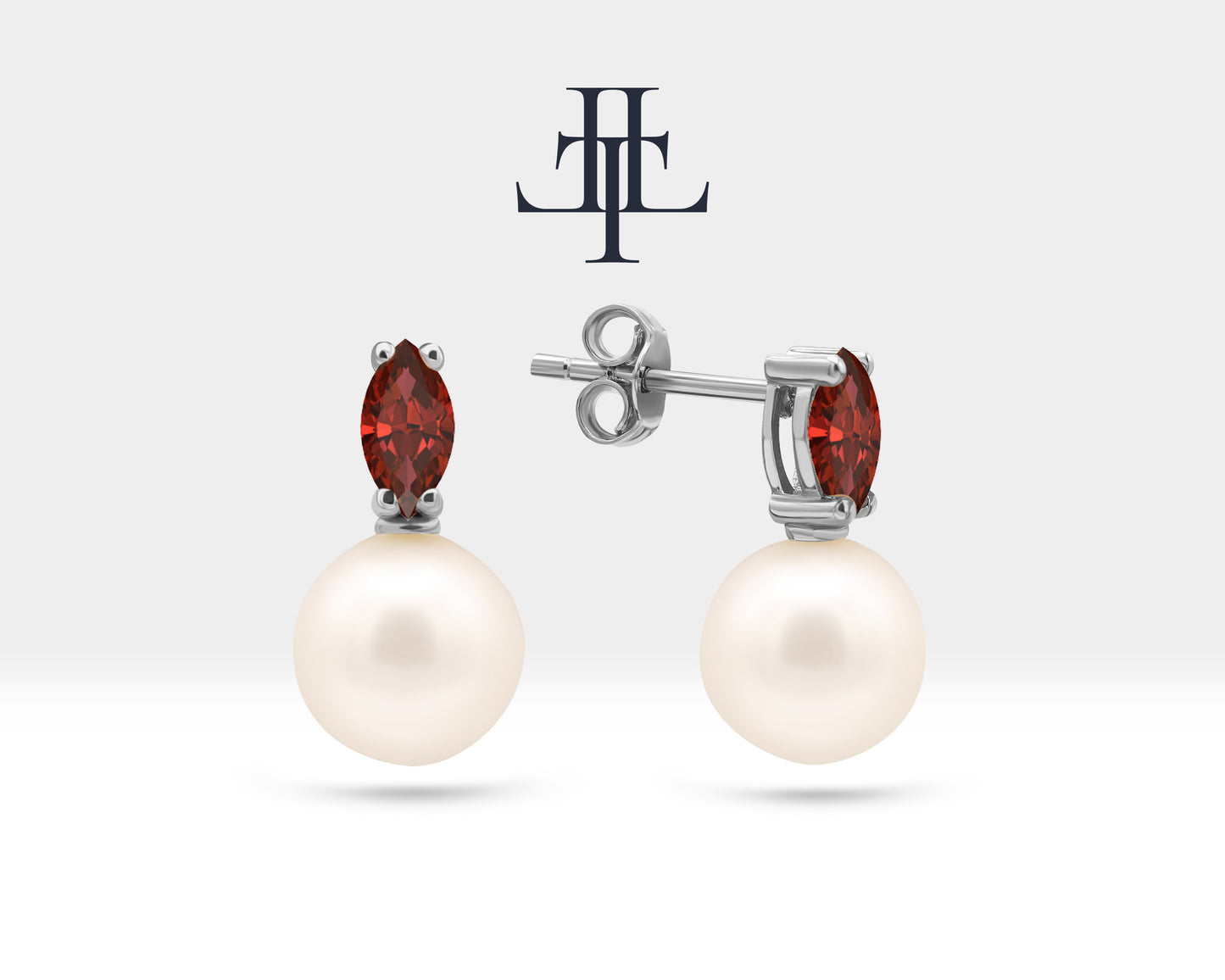 Pearl Earrings with Marquise Cut Ruby Earring in 14K Solid Gold Stud Earrings for Women Wedding Jewelry