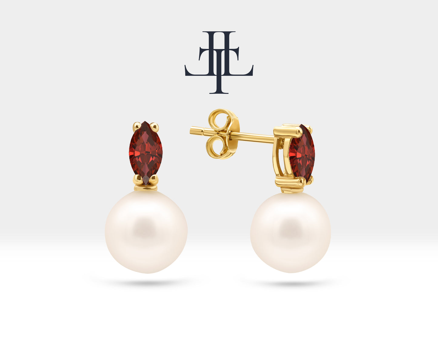 Pearl Earrings with Marquise Cut Ruby Earring in 14K Solid Gold Stud Earrings for Women Wedding Jewelry