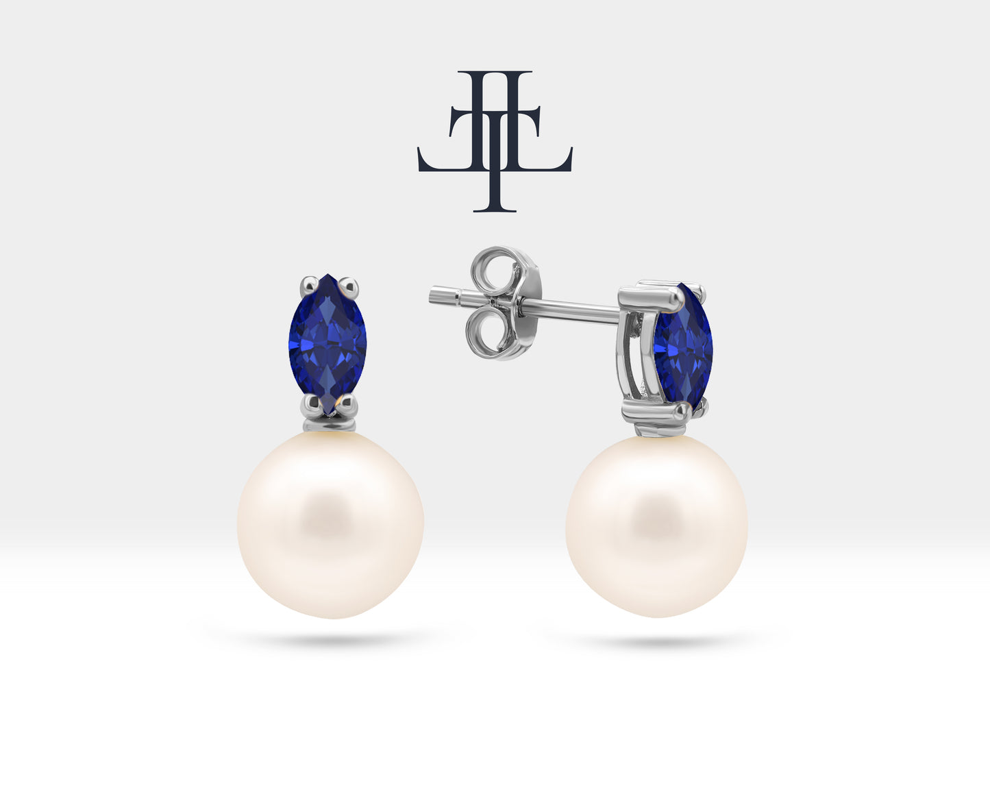 Pearl Earrings with Marquise Cut Sapphire Earring in 14K Solid Gold Stud Earrings for Women Wedding Jewelry