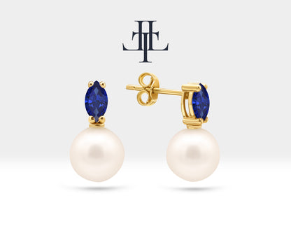 Pearl Earrings with Marquise Cut Sapphire Earring in 14K Solid Gold Stud Earrings for Women Wedding Jewelry