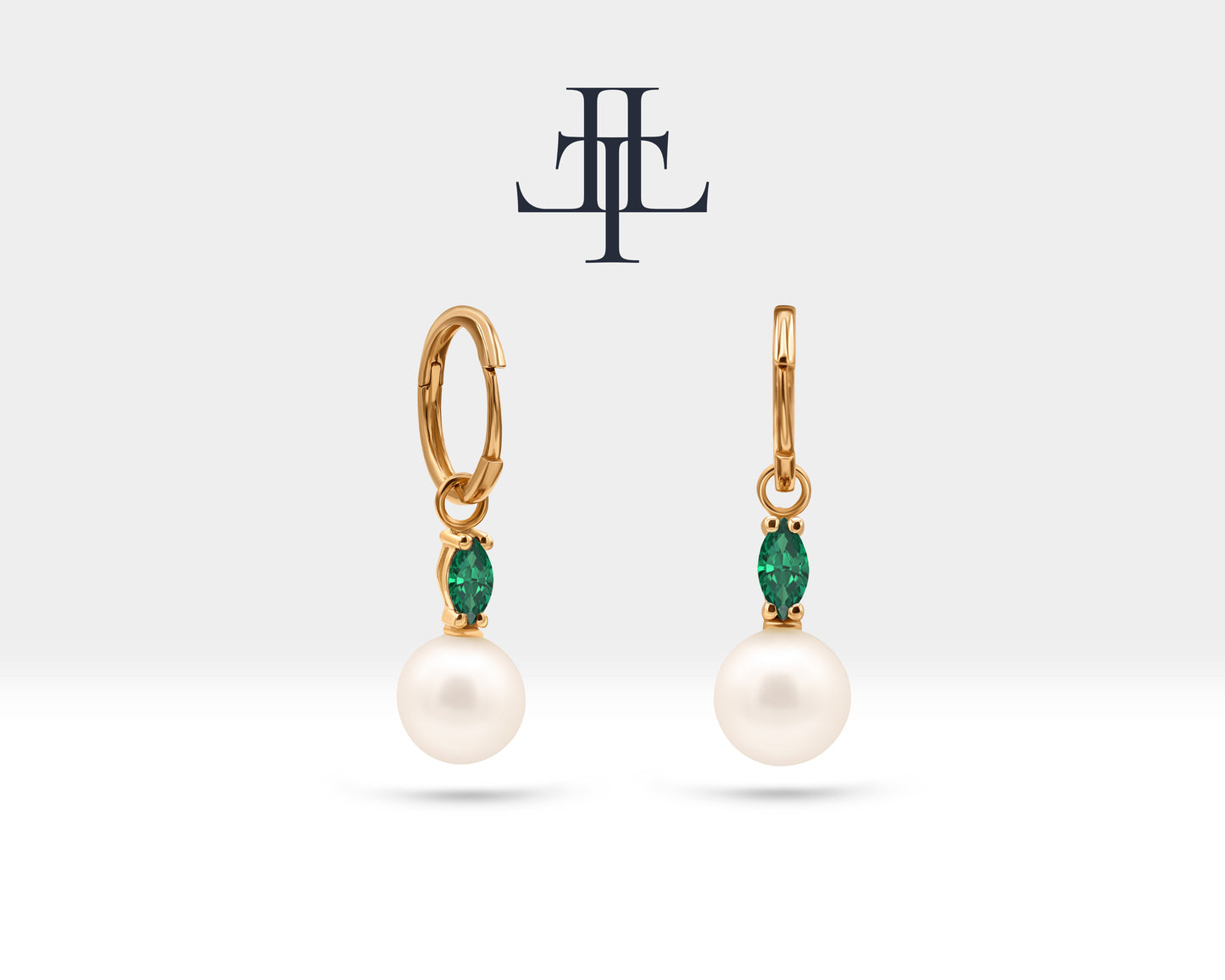 Bridal Jewelry with Marquise Cut Emerald Earrings in 14K Solid Gold Dangle Hoop Pearl Earrings for Women Wedding Jewelry