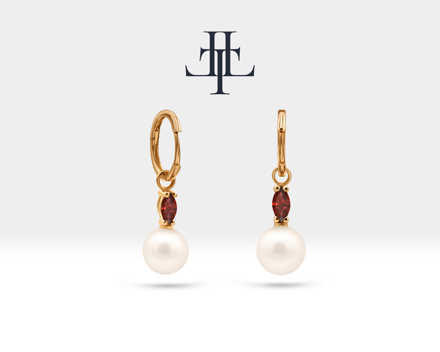 Bridal Jewelry with Marquise Cut Ruby Earrings in 14K Solid Gold Dangle Hoop Pearl Earrings for Women Wedding Jewelry