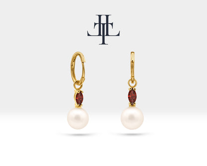 Bridal Jewelry with Marquise Cut Ruby Earrings in 14K Solid Gold Dangle Hoop Pearl Earrings for Women Wedding Jewelry