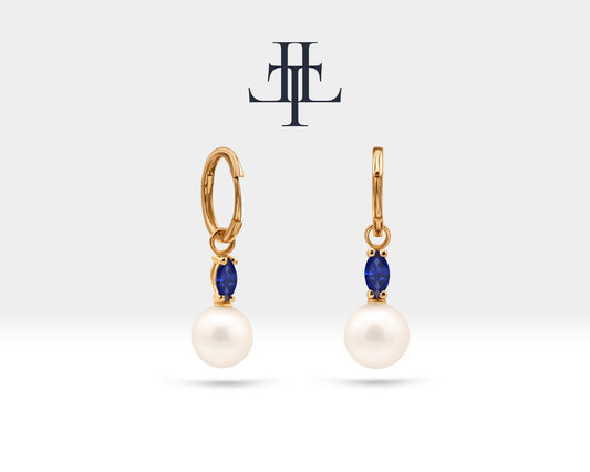 Bridal Jewelry with Marquise Cut Sapphire Earrings in 14K Solid Gold Dangle Hoop Pearl Earrings for Women Wedding Jewelry