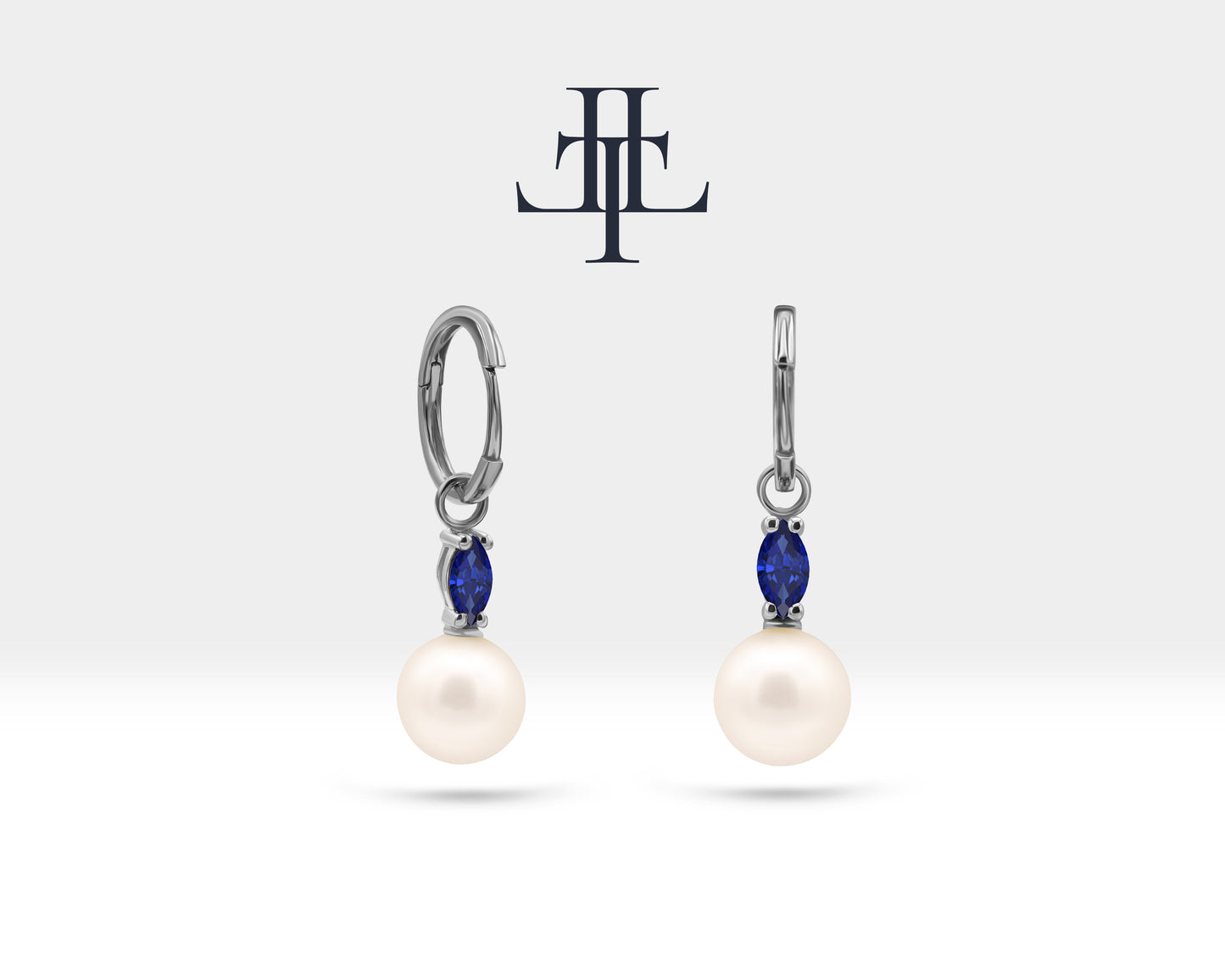 Bridal Jewelry with Marquise Cut Sapphire Earrings in 14K Solid Gold Dangle Hoop Pearl Earrings for Women Wedding Jewelry