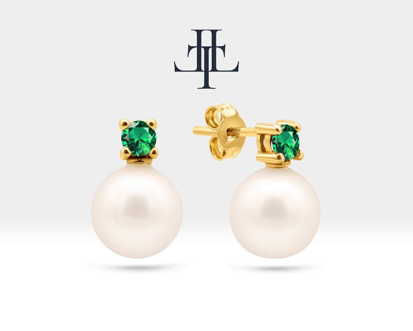 Pearl Earrings with Round Cut Emerald Earring in 14K Solid Gold Stud Earrings for Women Wedding Jewelry