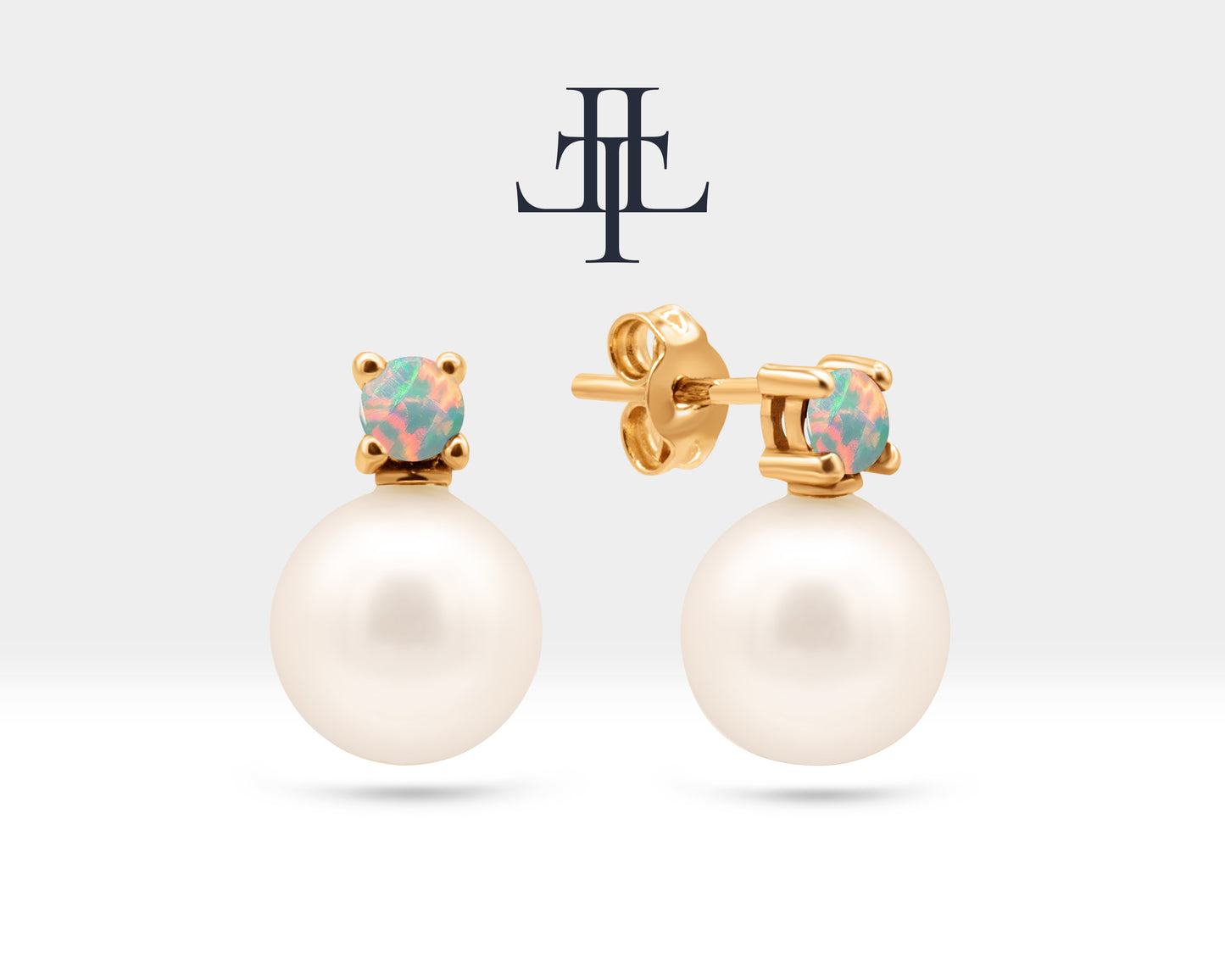 Pearl Earrings with Round Cut Opal Earring in 14K Solid Gold Stud Earrings for Women Wedding Jewelry