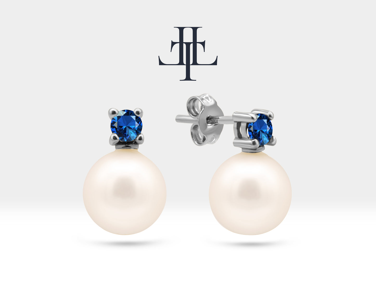 Pearl Earrings with Round Cut Sapphire Earring in 14K Solid Gold Stud Earrings for Women Wedding Jewelry