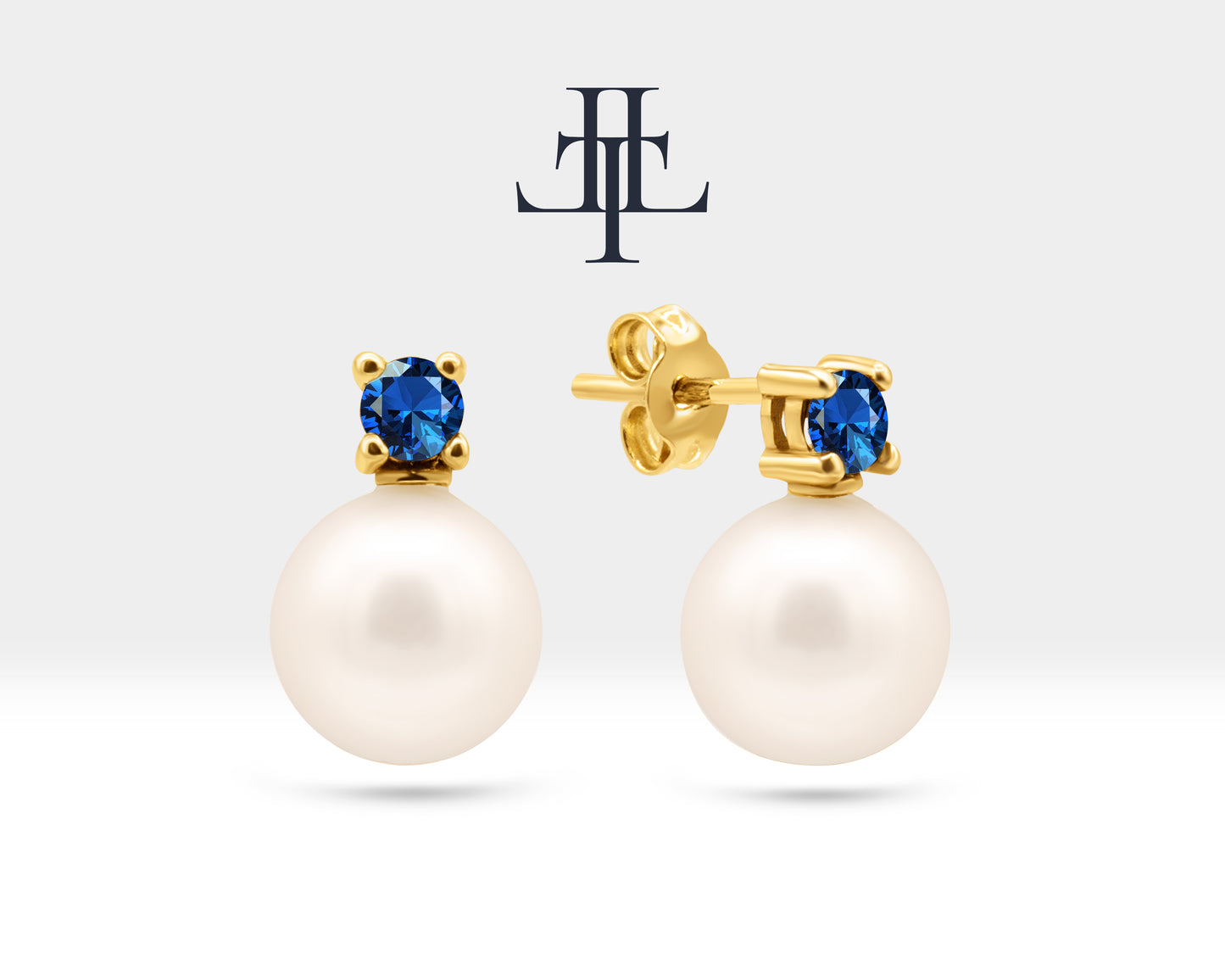 Pearl Earrings with Round Cut Sapphire Earring in 14K Solid Gold Stud Earrings for Women Wedding Jewelry