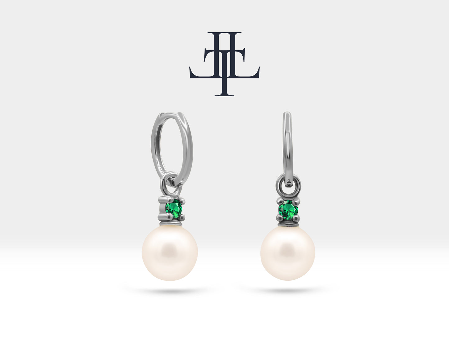 Round Cut Emerald Earrings with Pearl Earring in 14K Solid Gold Dangle Earrings for Women Wedding Jewelry