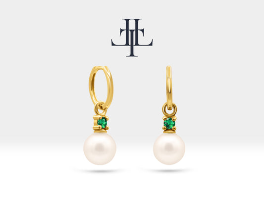 Round Cut Emerald Earrings with Pearl Earring in 14K Solid Gold Dangle Earrings for Women Wedding Jewelry