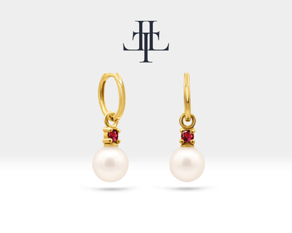 Round Cut Ruby Earrings with Pearl Earring in 14K Solid Gold Dangle Earrings for Women Wedding Jewelry