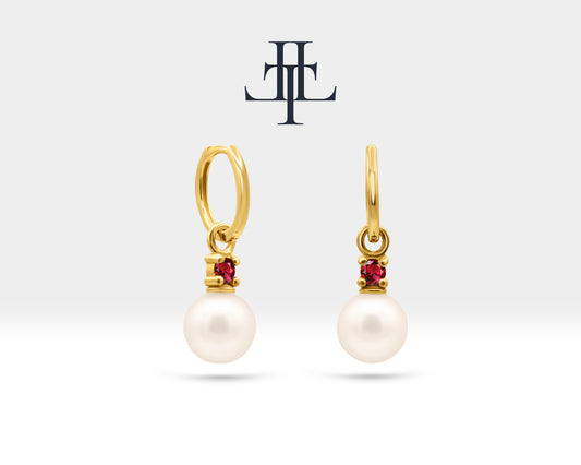 Round Cut Ruby Earrings with Pearl Earring in 14K Solid Gold Dangle Earrings for Women Wedding Jewelry