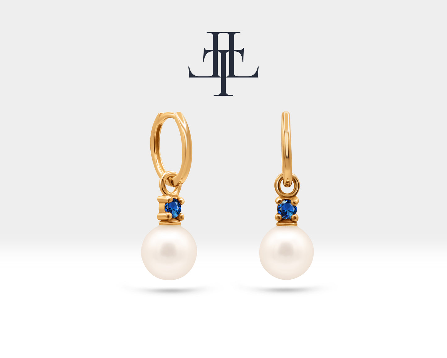 Round Cut Sapphire Earrings with Pearl Earring in 14K Solid Gold Dangle Earrings for Women Wedding Jewelry