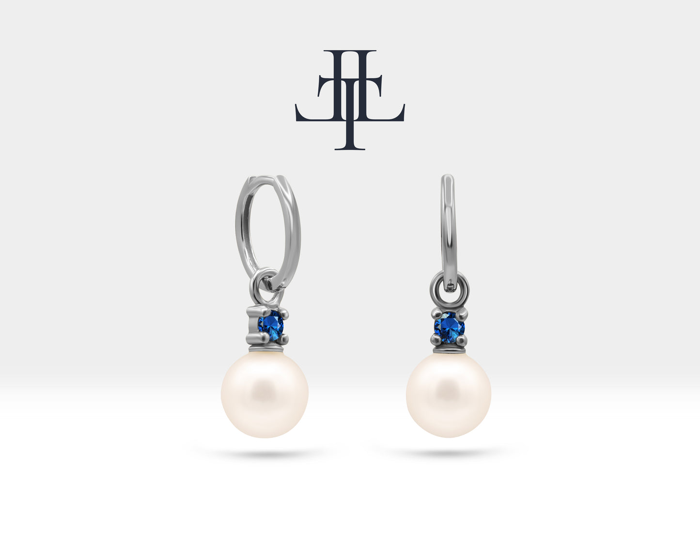 Round Cut Sapphire Earrings with Pearl Earring in 14K Solid Gold Dangle Earrings for Women Wedding Jewelry