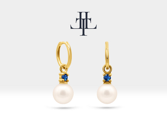 Round Cut Sapphire Earrings with Pearl Earring in 14K Solid Gold Dangle Earrings for Women Wedding Jewelry