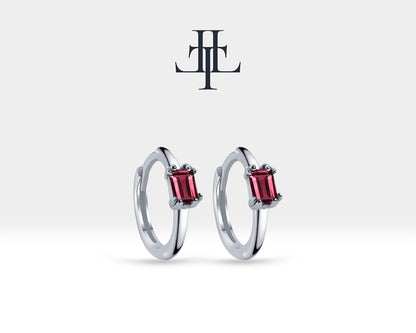 Cartilage Hoop Earring,Baguette Cut Ruby Earring in 14K Yellow White Rose Solid Gold Earrings