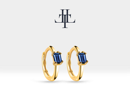 Cartilage Hoop, Baguette Cut Sapphire Earring, 14K Yellow White Rose Solid Gold Earlobe Earring