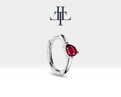Drop Cut Ruby Earring with Cross Standing Design Huggies Hoop Single Earring in 14K Yellow-White-Rose Solid Gold