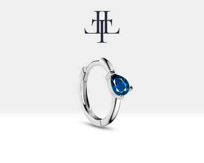 Drop Cut Cross Standing Sapphire Earring Hoop Single Earring in 14K Yellow-White-Rose Solid Gold Huggies Earring