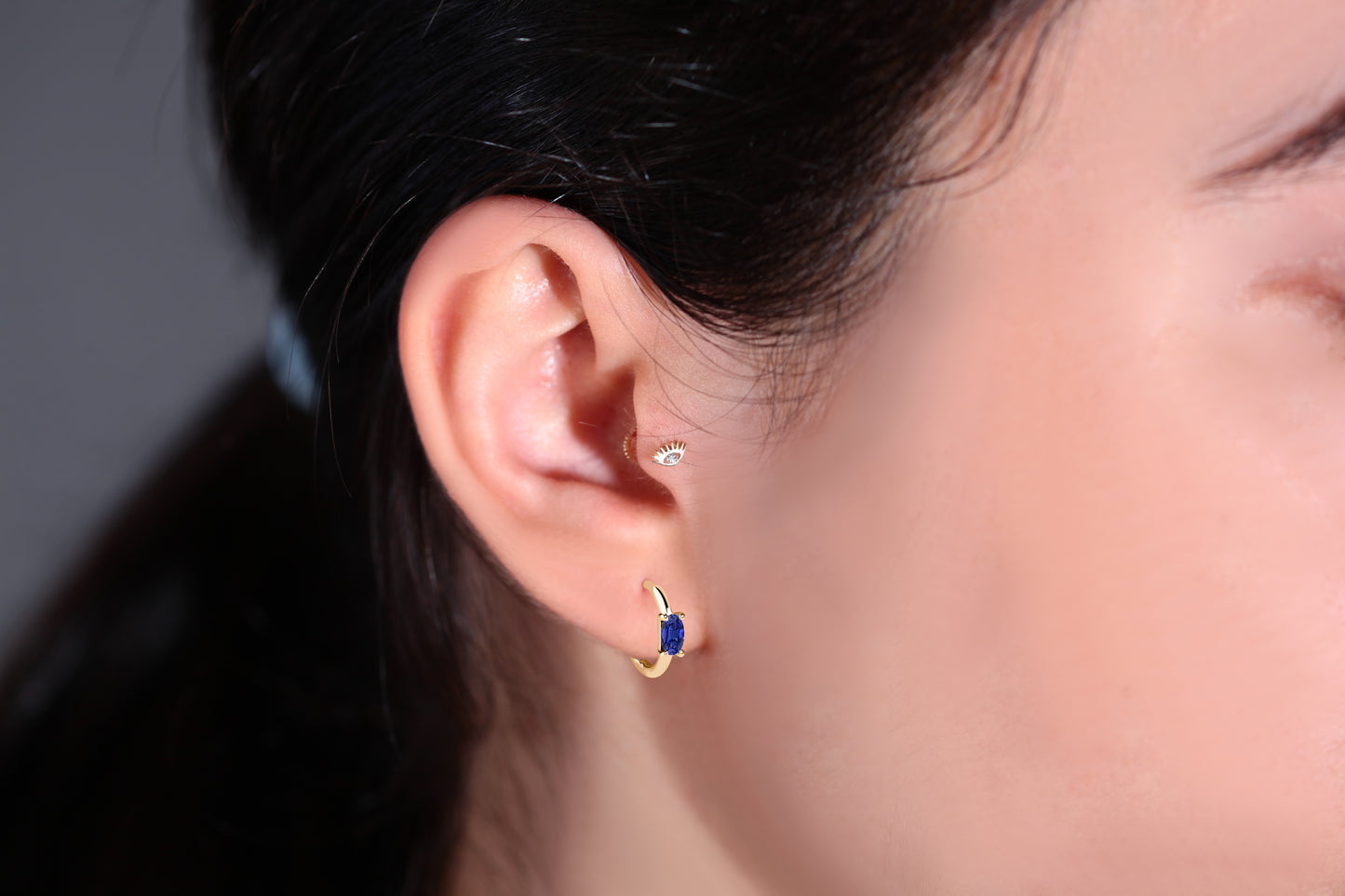Cartilage Hoop Oval Cut Sapphire Earring , Single Earring , 14K Yellow Solid Gold