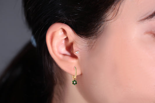 Dainty Flower Shaped Charm Hoop Earrings,Diamond&Green Garnet Flower Dangle,14K Yellow Solid Gold Earring