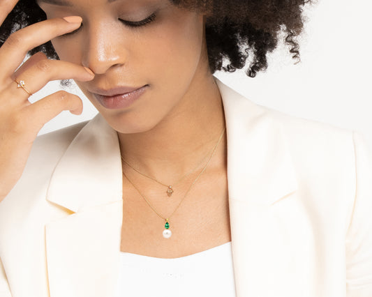 Pearl Necklace in 14K Solid Gold Pearl Necklace with Pear Cut Emerald for Bridal Jewelry | LN00005PE