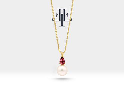Pearl Necklace in 14K Solid Gold Pearl Necklace with Pear Cut Ruby for Bridal Jewelry |  LN00005PR