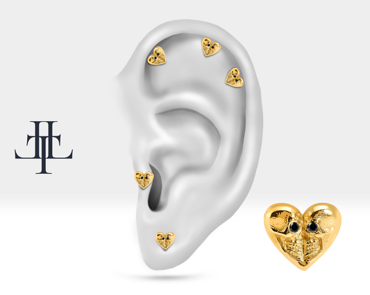 Skull Helix Piercing with Black Diamond in 14K Solid Gold Heart Shaped Skull Piercing Screw back Piercing 8mm Bar Length,16G