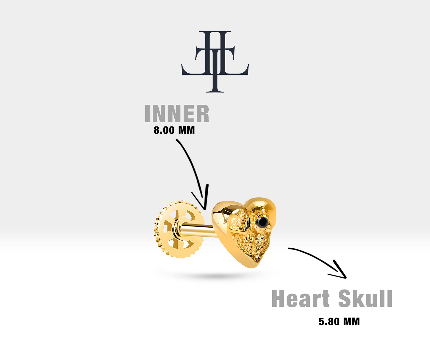 Skull Helix Piercing with Black Diamond in 14K Solid Gold Heart Shaped Skull Piercing Screw back Piercing 8mm Bar Length,16G