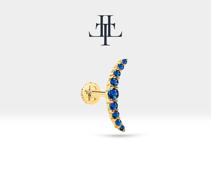 Crescent Moon Design Screw Back Piercing with Sapphire Curve Piercing in 14K Solid Gold Flat Back Piercing 16G(1.2mm)