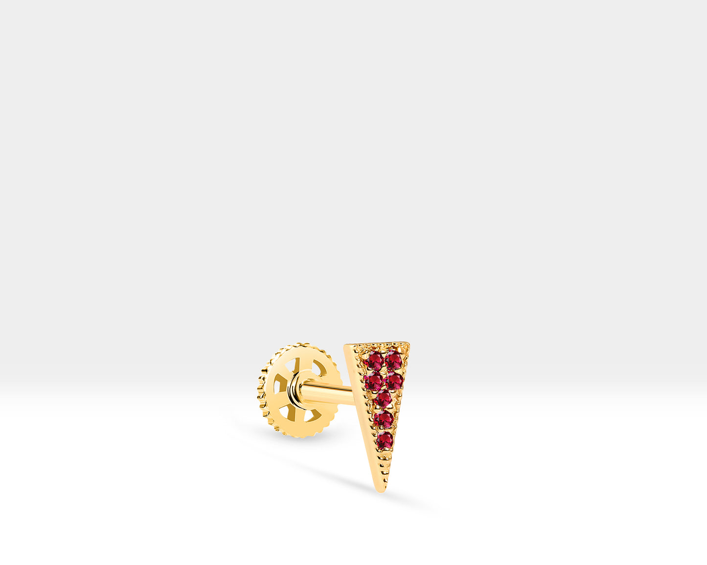 Tragus Piercing,Pave Setting Ruby Piercing,Triangle Design Piercing,14K Yellow Solid Gold
