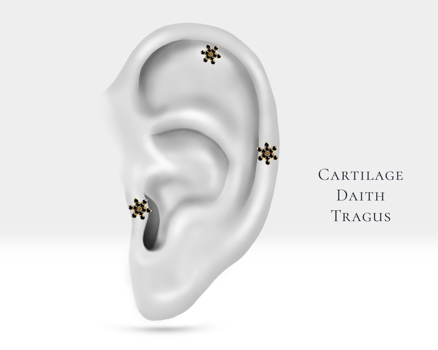 Cartilage Stud Earring, Round Cut Black Diamond Piercing, 14K Yellow Rose Solid Gold