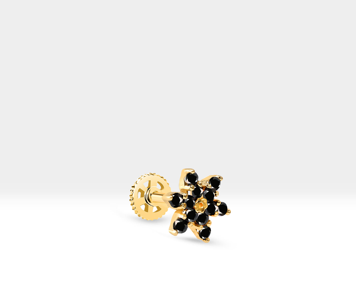 Cartilage Stud Earring, Round Cut Black Diamond Piercing, 14K Yellow Rose Solid Gold