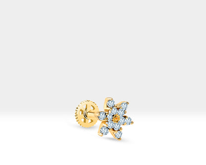 Stud Earring,Floral Design Piercing, Round Cut Diamond Piercing, 14K Yellow Solid Gold