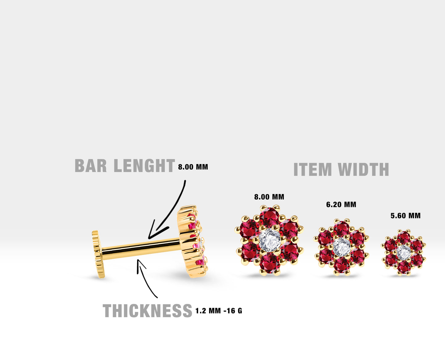 Cartilage Tragus Piercing,Flower Design Ruby and Diamond Piercing,14K Yellow Solid Gold