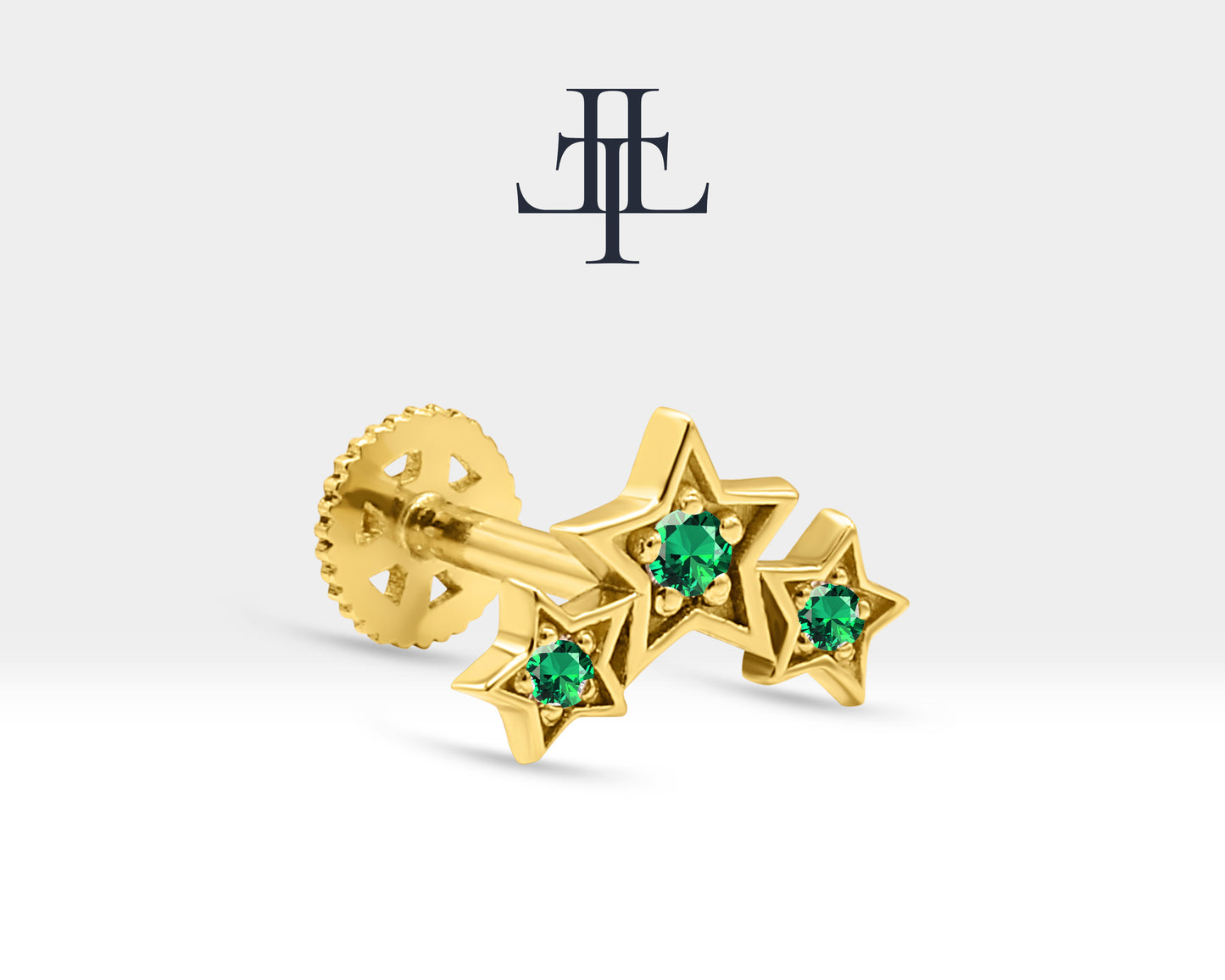 Triple Star Piercing with Green Garnet Screw Back Piercing in 14K Solid Gold Celestial Cartilage Piercing 16G(1.2mm)