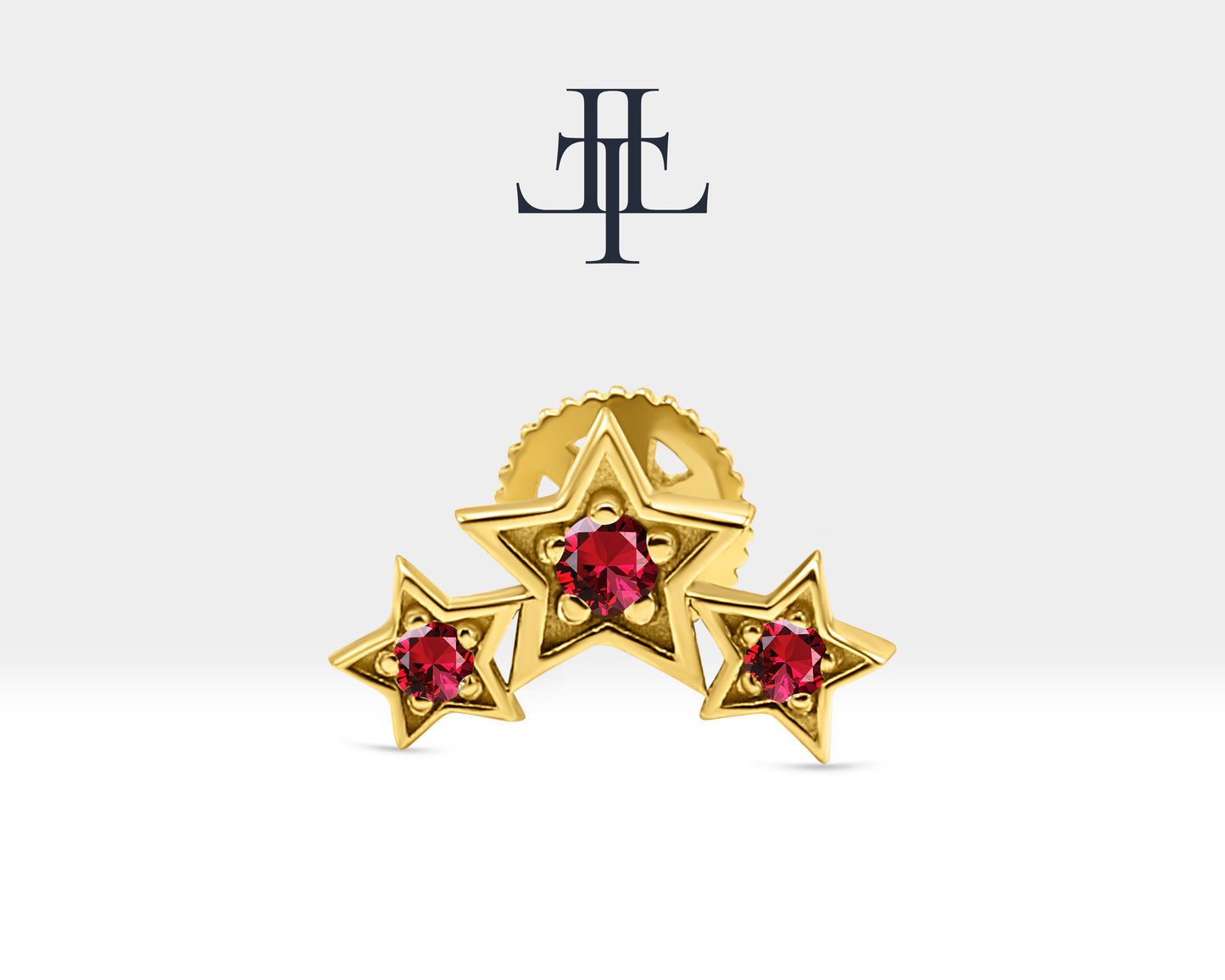 Triple Star Piercing with Ruby Screw Back Piercing in 14K Solid Gold Celestial Cartilage Piercing 16G(1.2mm)