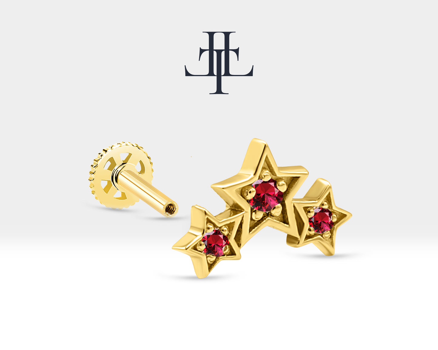 Triple Star Piercing with Ruby Screw Back Piercing in 14K Solid Gold Celestial Cartilage Piercing 16G(1.2mm)
