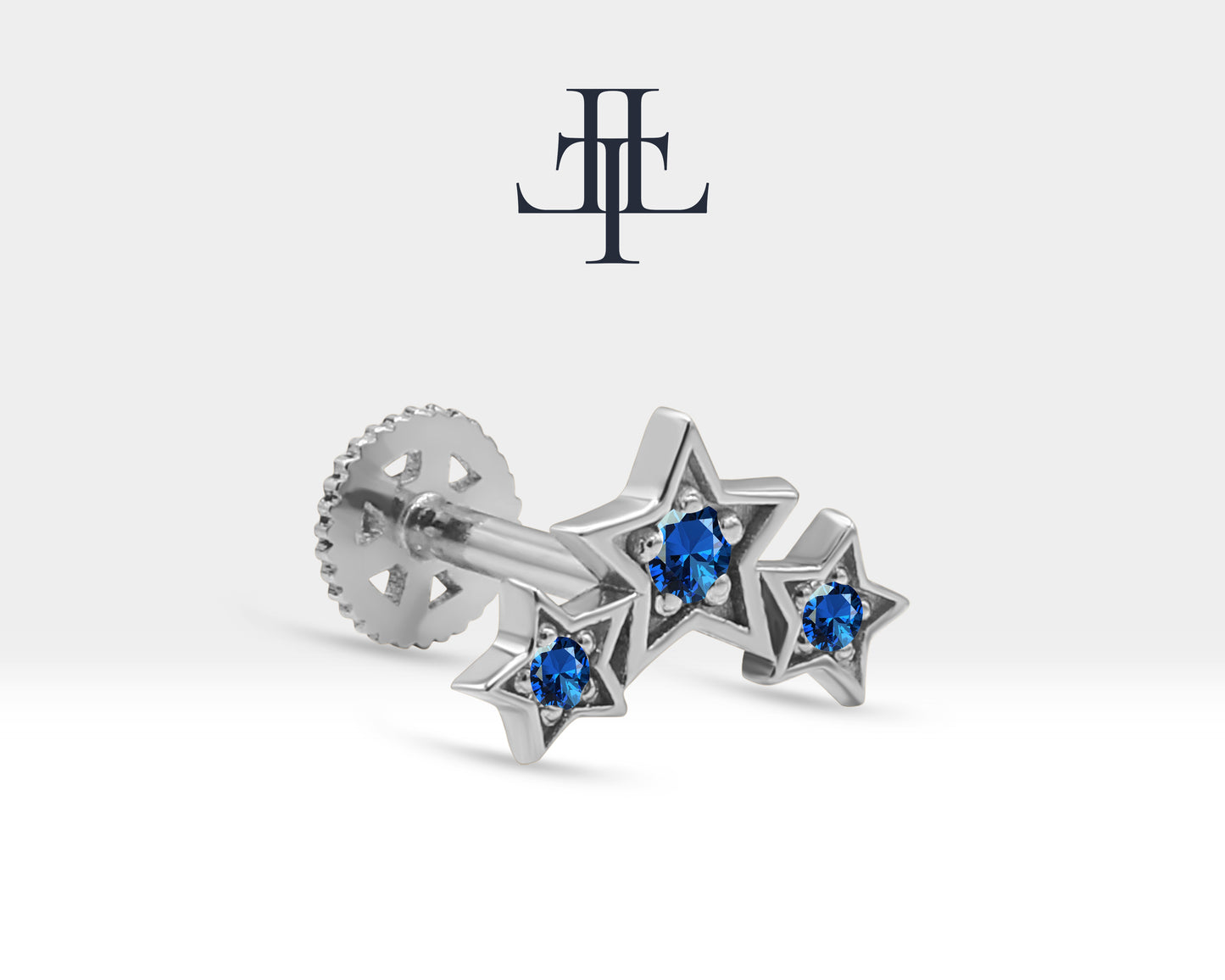 Triple Star Piercing with Sapphire Screw Back Piercing in 14K Solid Gold Celestial Cartilage Piercing 16G(1.2mm)