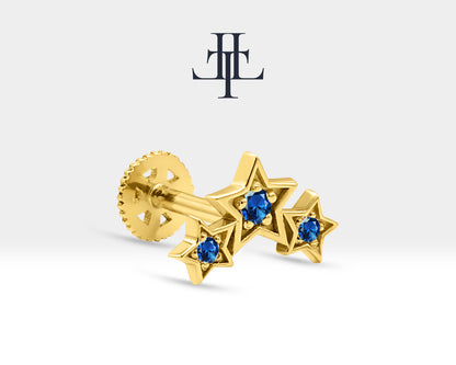 Triple Star Piercing with Sapphire Screw Back Piercing in 14K Solid Gold Celestial Cartilage Piercing 16G(1.2mm)