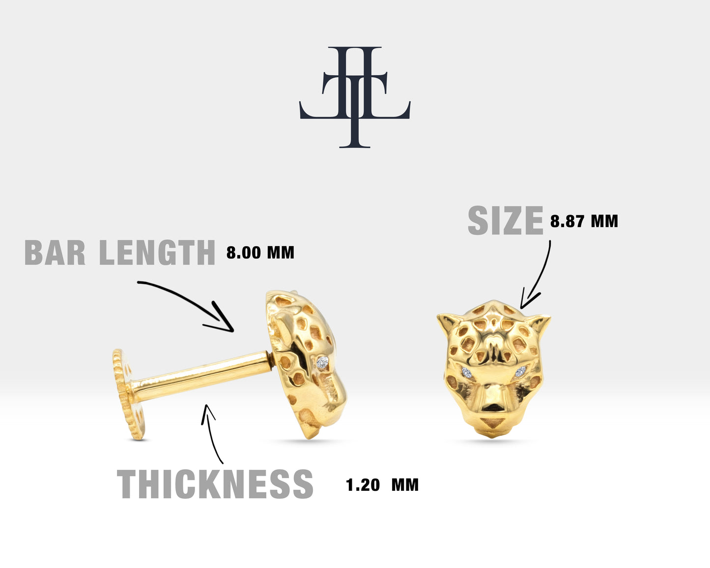 14K Solid Gold Cartilage Animal Style Tiger Design Diamond Piercing, 16G(1.2mm)Screw Back Piercing, 8 mm Bar Length | LP00043D