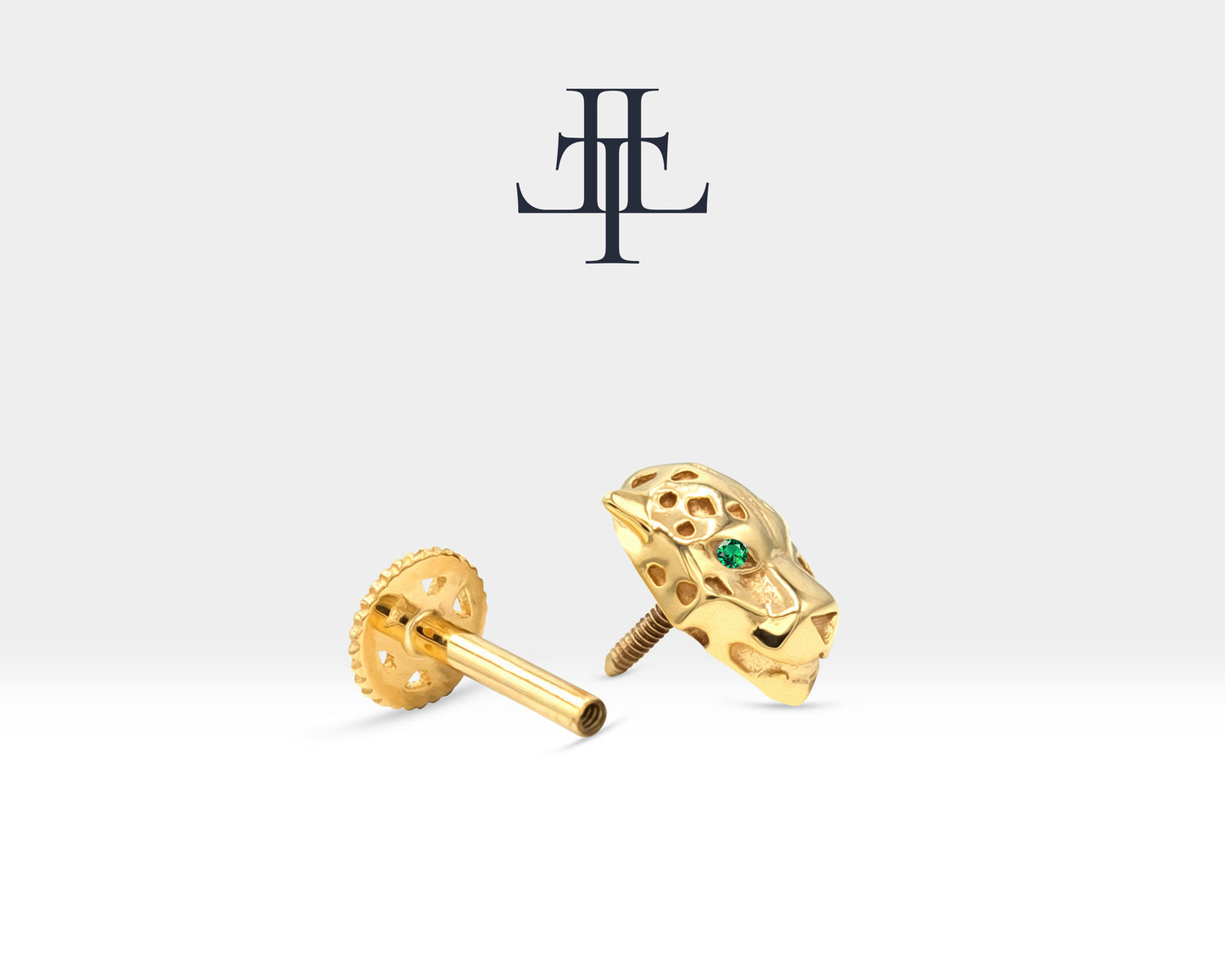 Cartilage, Tragus, Piercing Tiger Design with Green Garnet in 14K Solid Gold, 16G(1.2mm), 8mm Bar Length, Wild Animal Piercing | LP00043G