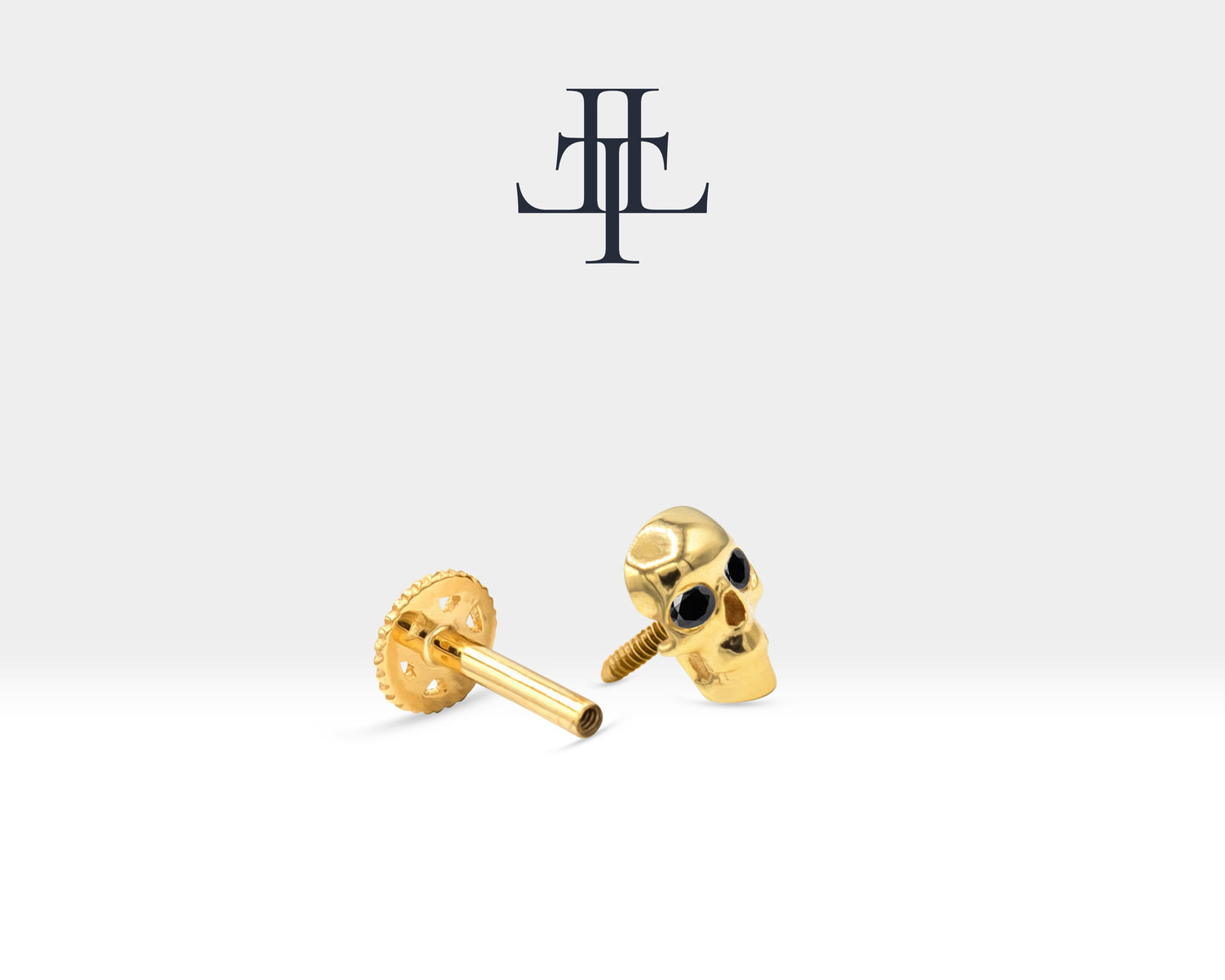 Skull Shaped Piercing with Black Diamond, Tragus and Cartilage Piercing in 14K Yellow Solid Gold, 16G(1.2 mm), 8mm Bar Length | LP00044B