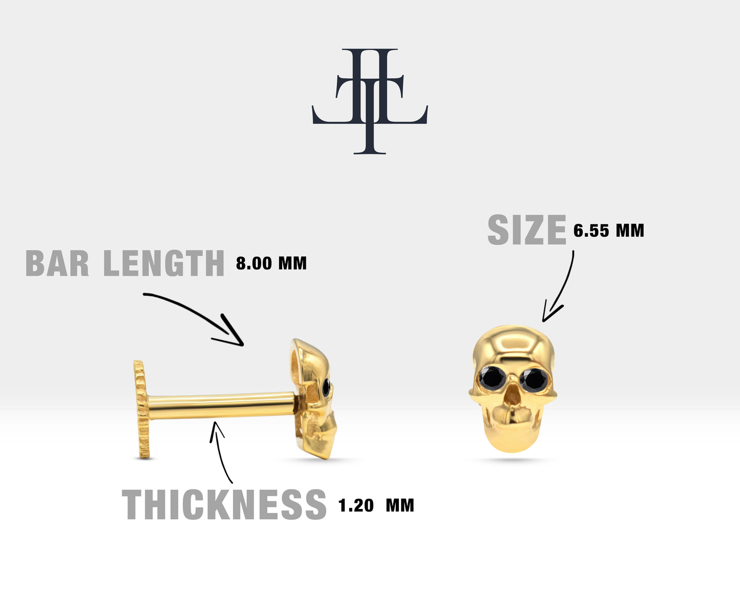 Skull Shaped Piercing with Black Diamond, Tragus and Cartilage Piercing in 14K Yellow Solid Gold, 16G(1.2 mm), 8mm Bar Length | LP00044B