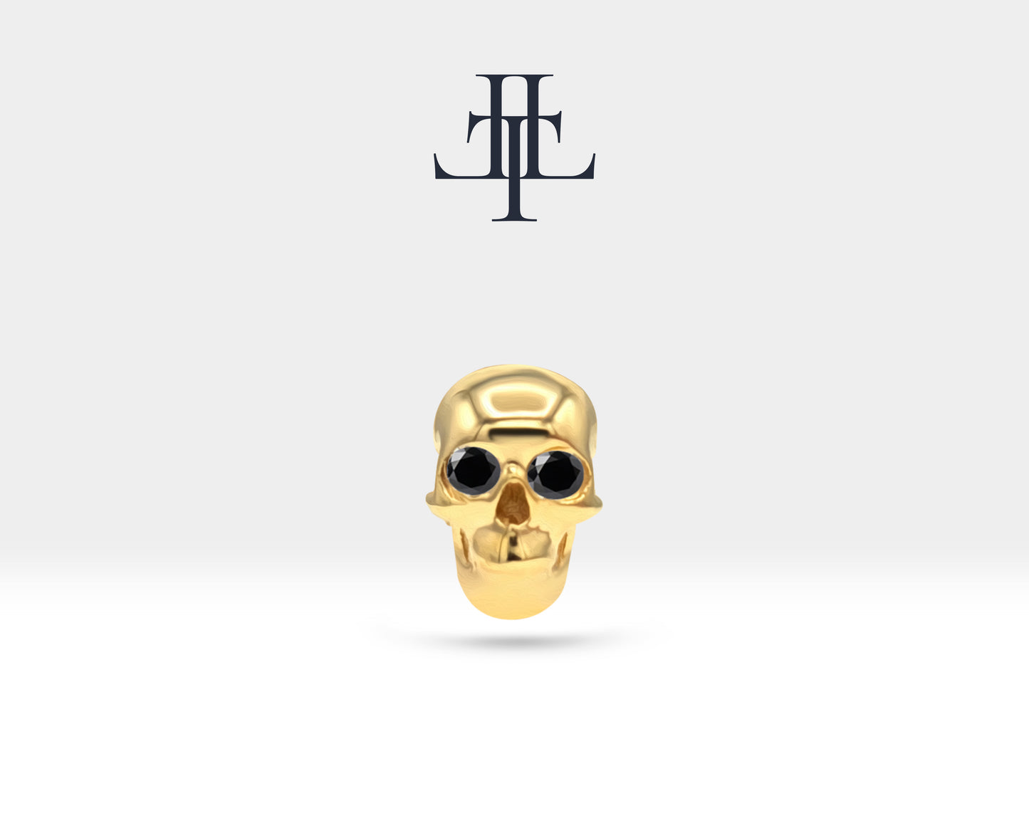 Skull Shaped Piercing with Black Diamond, Tragus and Cartilage Piercing in 14K Yellow Solid Gold, 16G(1.2 mm), 8mm Bar Length | LP00044B