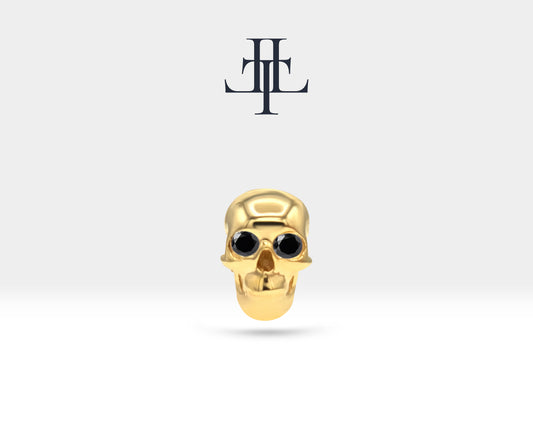 Skull Shaped Piercing with Black Diamond, Tragus and Cartilage Piercing in 14K Yellow Solid Gold, 16G(1.2 mm), 8mm Bar Length | LP00044B