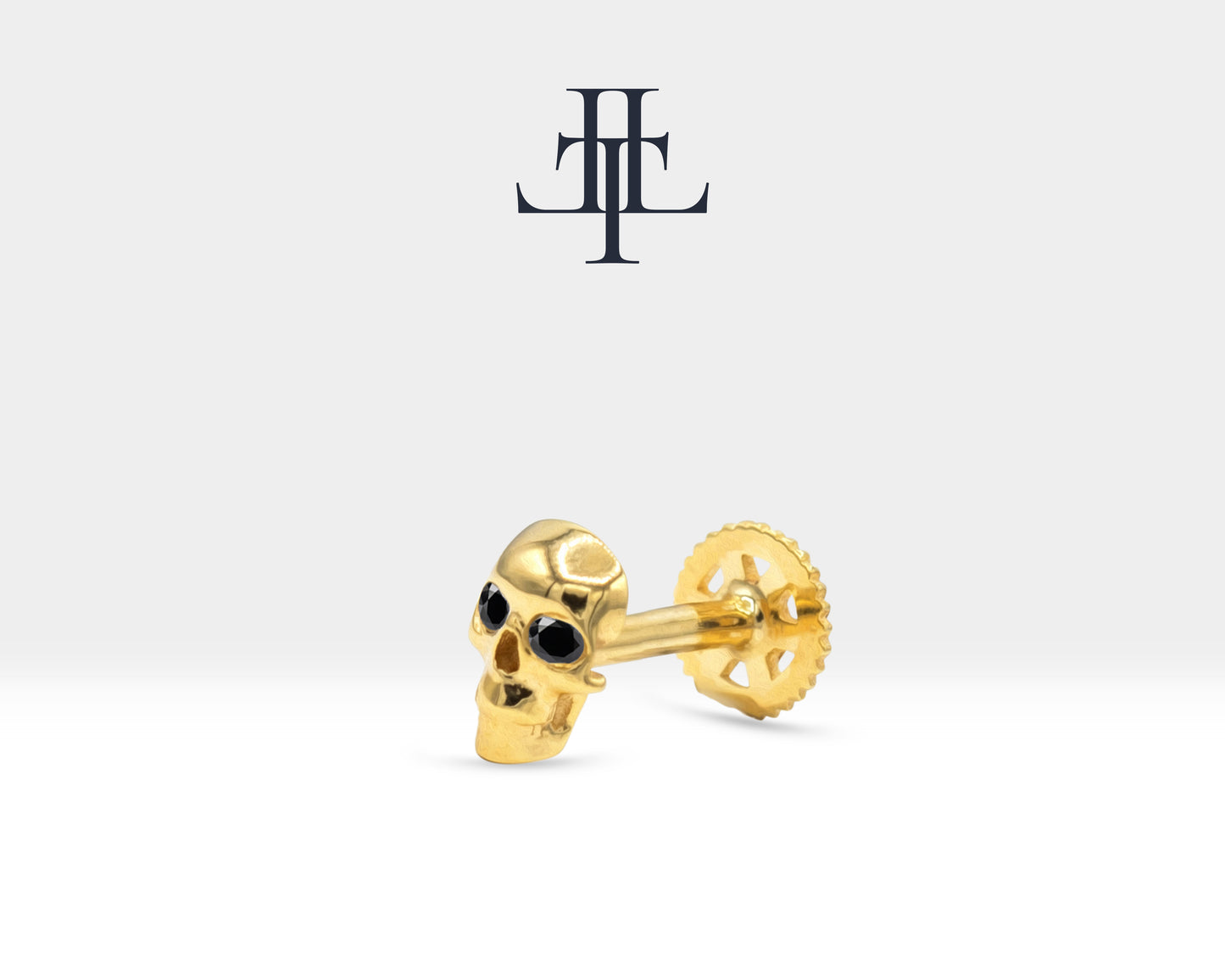 Skull Shaped Piercing with Black Diamond, Tragus and Cartilage Piercing in 14K Yellow Solid Gold, 16G(1.2 mm), 8mm Bar Length | LP00044B