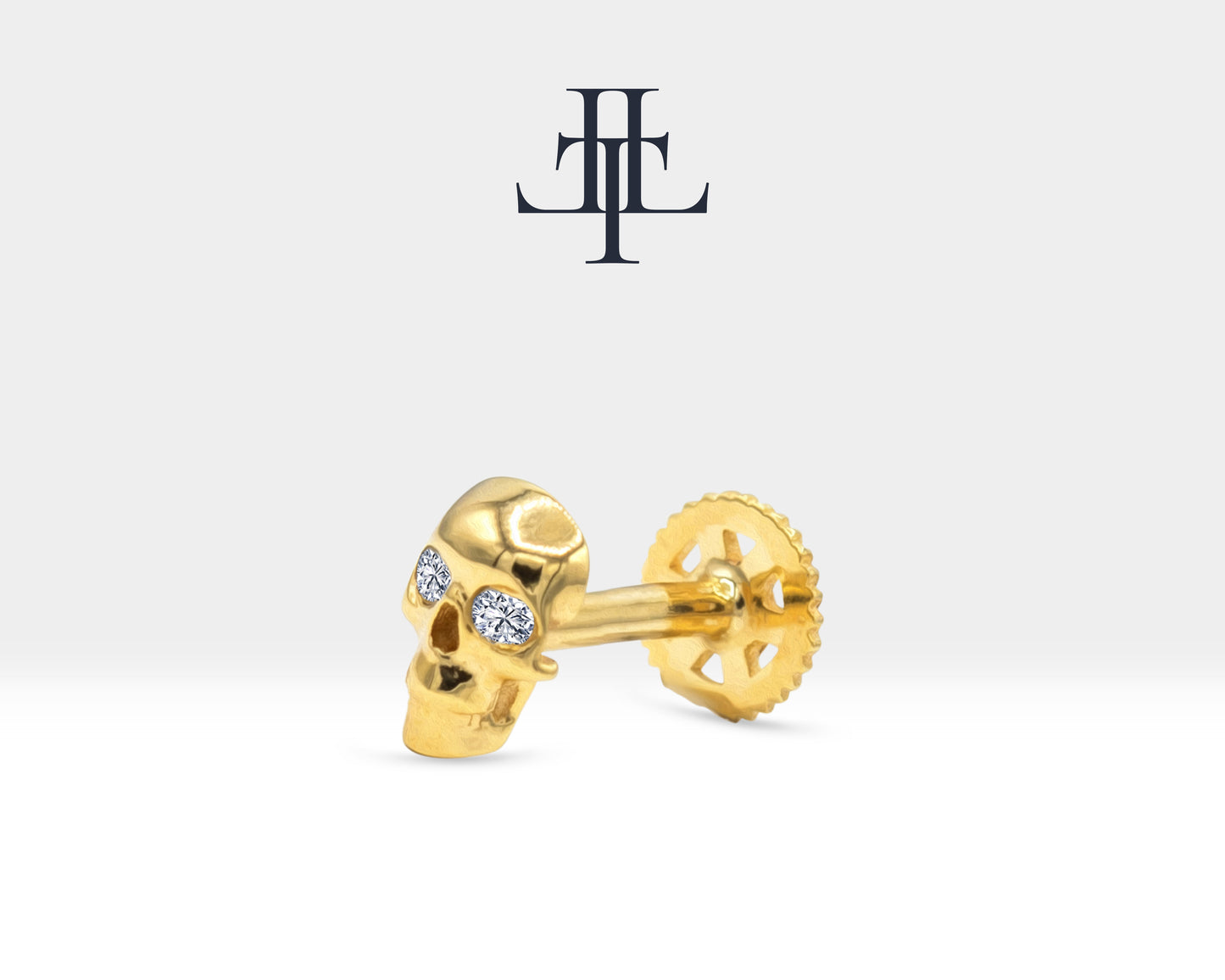 Skull Shaped Piercing with Diamond, Tragus and Cartilage Piercing in 14K Yellow Solid Gold, 16G(1.2 mm), 8mm Bar Length | LP00044D